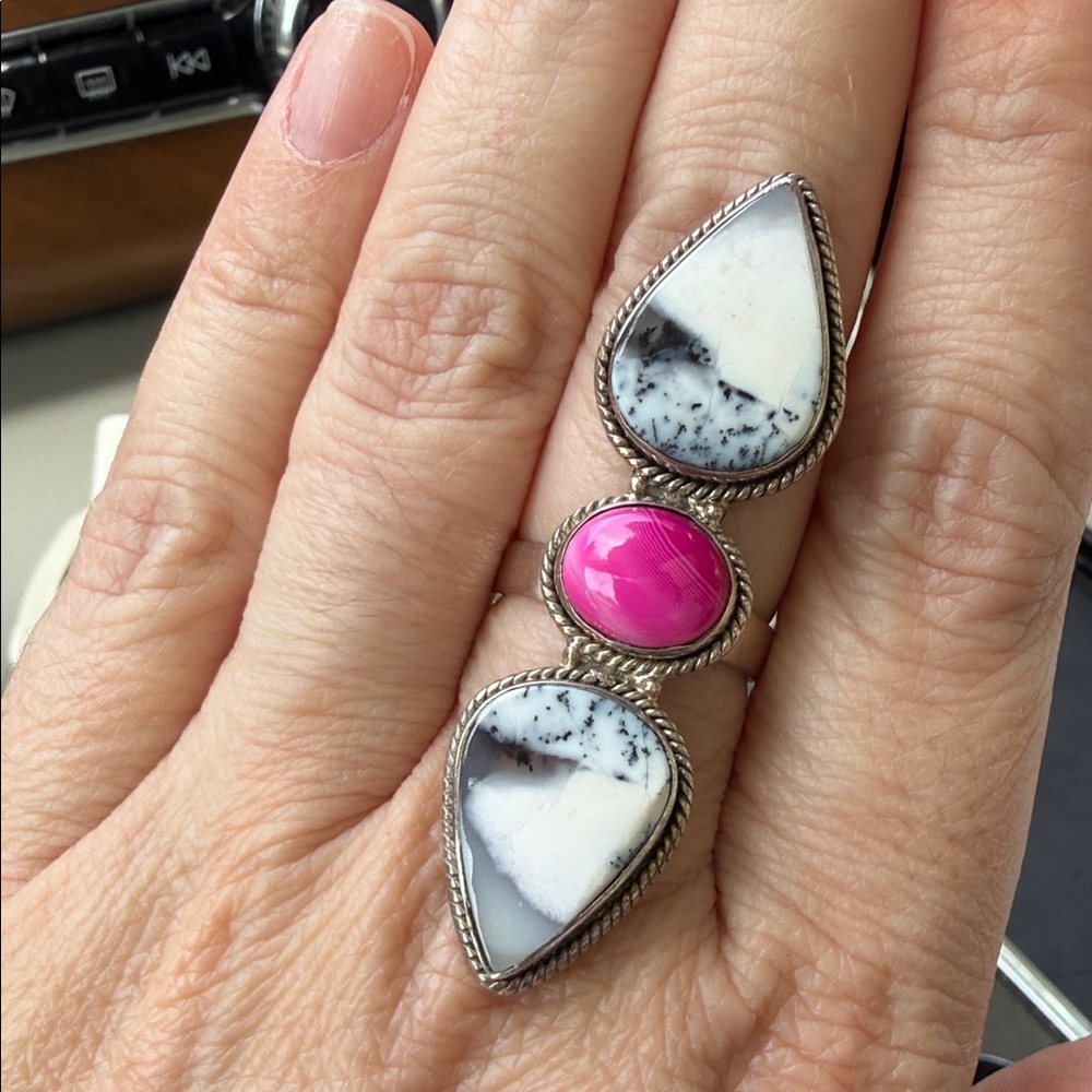 Sterling Silver White & Pink Genuine Gem Statement Ring-Adjustable